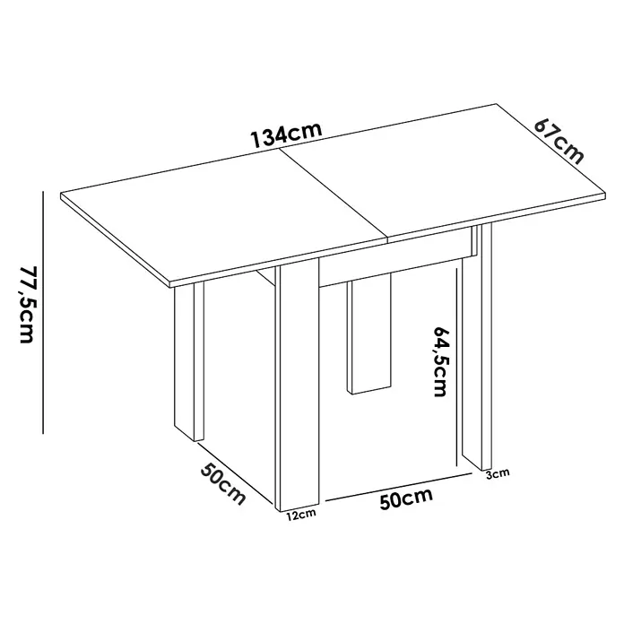 Dekit Mesa auxiliar Bok - L x An x Al: 67 x 67 x 79 cm, Blanco, Extensible - Diagrama de la mesa de comedor extensible con dimensiones de altura, anchura y profundidad para una visión general detallada.