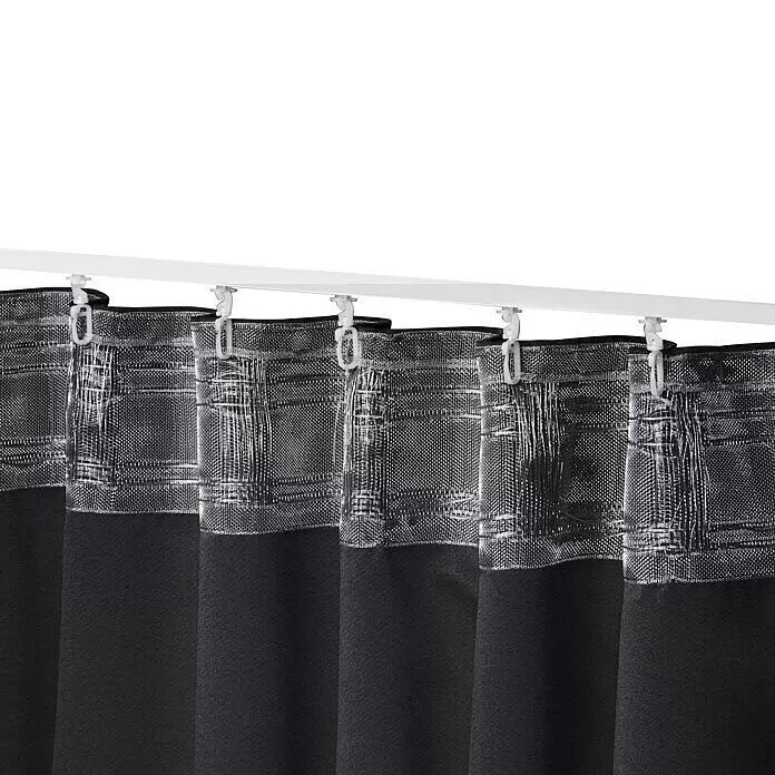 Elbersdrucke Verdunkelungsvorhang Midnight - 140 x 255 cm, 100 % Polyester, Schwarz - Schwarze Vorhänge mit gemustertem, halbtransparentem Oberteil, an weißer Schiene mit weißen Gleitern aufgehängt.