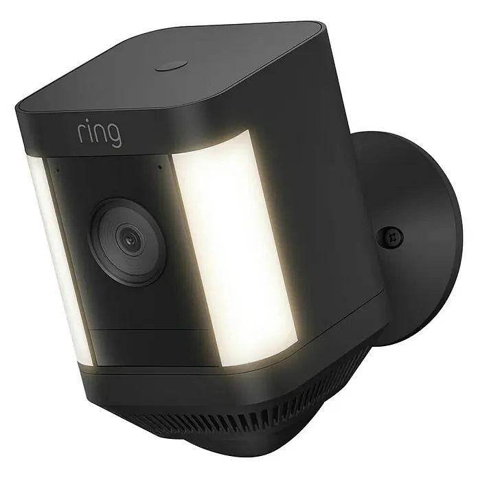 Ring Überwachungskamera Spotlight Cam Plus Battery - Batteriebetrieben, 1.080 Pixel (Full HD), Schwarz, B x H: 7,6 x 12,6 cm, Akku - Draufsicht einer Ring Spotlight Cam, die ihr Umfeld beleuchtet. Eine intelligente Überwachungskamera für mehr Sicherheit im Außenbereich.