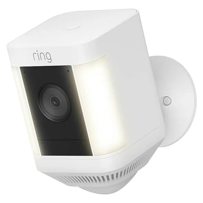 Ring Überwachungskamera Spotlight Cam Plus Battery - Batteriebetrieben, 1.080 Pixel (Full HD), Weiß, B x H: 7,6 x 12,6 cm, Akku - Nahaufnahme einer Ring Spotlight Cam, einer Sicherheitskamera für den Außenbereich mit LED-Leuchten und Gegensprechanlage.