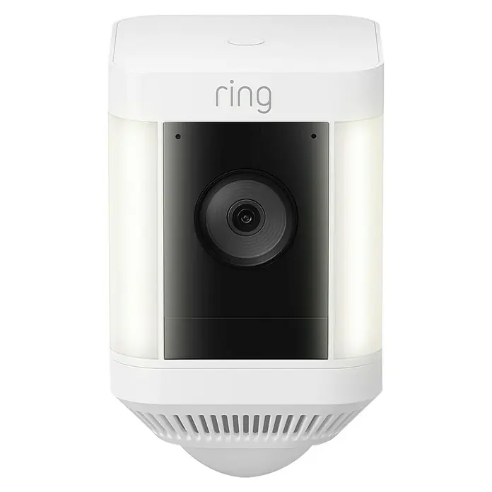 Ring Überwachungskamera Spotlight Cam Plus Battery - Batteriebetrieben, 1.080 Pixel (Full HD), Weiß, B x H: 7,6 x 12,6 cm, Akku - Nahaufnahme einer weißen Ring Sicherheitskamera mit Nachtsichtfunktion.
