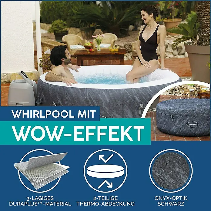 Bestway Lay-Z-Spa Mobil-Whirlpool Boracay Air Jet - Ø x H: 180 x 66 cm, Schwarz, 669 l - Whirlpool mit WOW-Effekt: 3-lagiges DuraPlus-Material, 2-teilige Thermo-Abdeckung und Onyx-Optik in Schwarz für ein luxuriöses Badeerlebnis.