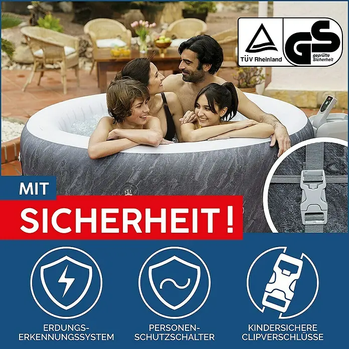 Bestway Lay-Z-Spa Mobil-Whirlpool Boracay Air Jet - Ø x H: 180 x 66 cm, Schwarz, 669 l - Das Bild zeigt einen aufblasbaren Whirlpool mit Sicherheitsmerkmalen, darunter Erdung, Personenschutzschalter und kindersichere Clipverschlüsse.
