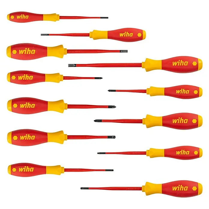 Wiha Set de destornilladores SoftFinish Electric slimFix VDE - 12 pzs., Acero, Específico para: Electricista, Ranura y cruz PH/PZ, Tornillos TORX® - Surtido de destornilladores Wiha con mangos rojos y amarillos, sobre un fondo negro.