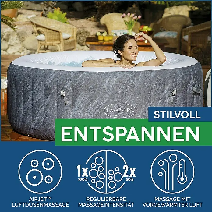 Bestway Lay-Z-Spa Mobil-Whirlpool Boracay Air Jet - Ø x H: 180 x 66 cm, Schwarz, 669 l - Entspannen Sie stilvoll mit dem Lay-Z-Spa Boracay: Luftdüsenmassage, regulierbare Massageintensität und Massage mit vorgewärmter Luft.