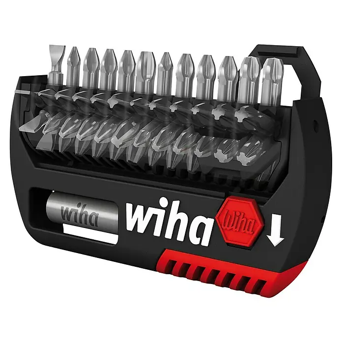Wiha Bit-Set FlipSelector Standard 25 mm - 13 -tlg. - Ein Wiha Bit-Set mit verschiedenen Bits in einem schwarzen und roten Halter, ideal für Handwerker und Heimwerker.
