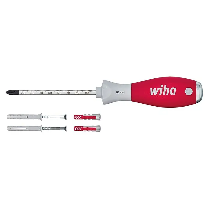 Wiha Dübellochschläger SoftFinish® - Geeignet für: Porenbeton, 5 -tlg. - Abbildung eines Wiha-Schraubendrehers mit Dübeln verschiedener Größen, die sich ideal für Heimwerkerprojekte eignen.