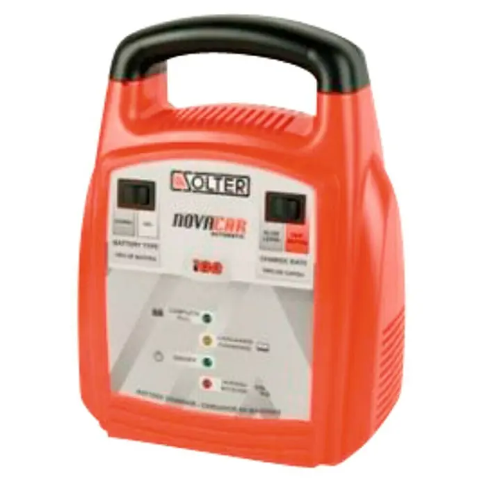 Solter Novacar Arrancador de baterías 10A - 10 A, Baterías 20 - 120 Ah - La imagen muestra un cargador de batería SOLTER NOVACAR 100 con una carcasa naranja y un asa de transporte negra.