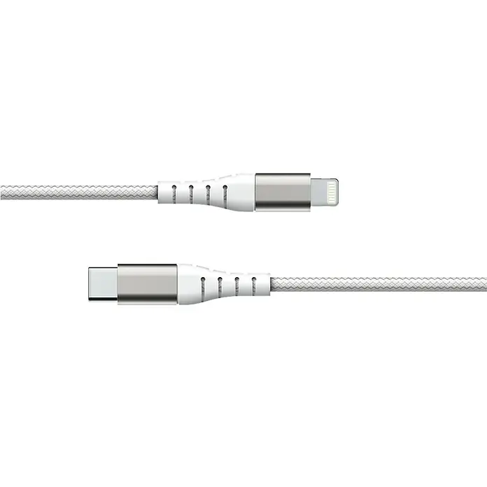 Metronic Cable USB - 1,2 m, USB-C / Lightning, Blanco - Primer plano de un cable USB-C a Lightning blanco, perfecto para cargar dispositivos Apple. Presenta un diseño trenzado y conectores duraderos.