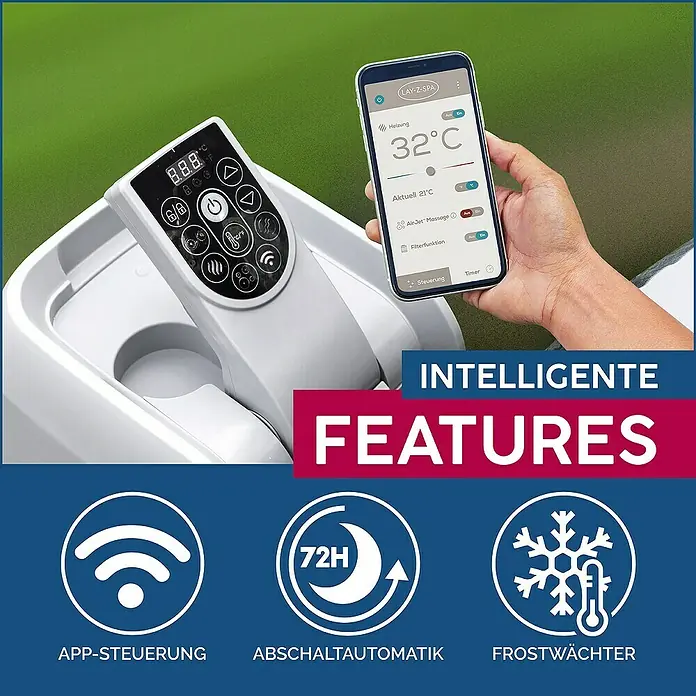 Bestway Lay-Z-Spa Mobil-Whirlpool Boracay Air Jet - Ø x H: 180 x 66 cm, Schwarz, 669 l - Intelligente Features des Lay-Z-Spa Whirlpools: App-Steuerung, Abschaltautomatik (72H) und Frostwächter für bequeme Nutzung.