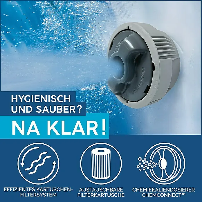 Bestway Lay-Z-Spa Mobil-Whirlpool Boracay Air Jet - Ø x H: 180 x 66 cm, Schwarz, 669 l - Das Bild zeigt eine Poolpumpe mit Kartuschenfiltersystem, austauschbarer Filterkartusche und Chemikalien-Dosierer Chemconnect™ für hygienisch sauberes Wasser.