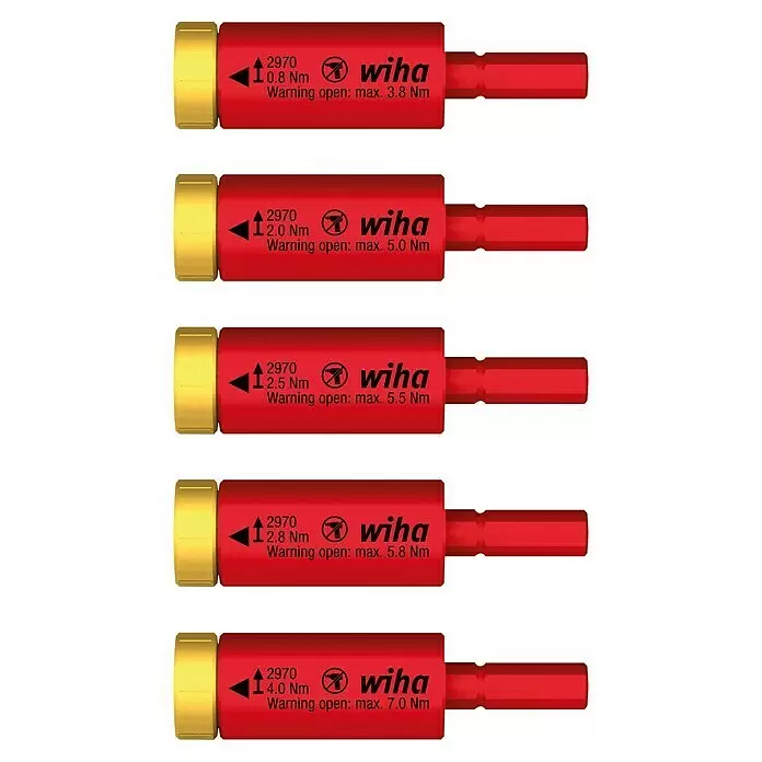 Wiha Adaptador de par de apriete easyTorque electric - 5 pzs., Momento de torsión: 0,8 Nm - Cinco adaptadores de par Wiha rojos con tapas amarillas, que muestran diversas configuraciones de par de 0,8 a 4,0 Nm.