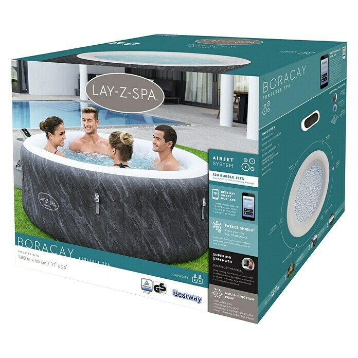 Bestway Lay-Z-Spa Mobilni masažni bazen Boracay Air Jet  (Ø x V: 180 x 66 cm, Črna, 669 l) | 8329 - Outdoor Whirlpools aufblasbar | ICIB - Whirlpools | ICI - Pools & Zubehör | IC - Freizeit im Garten | I - Stadtgarten | BAUHAUS
