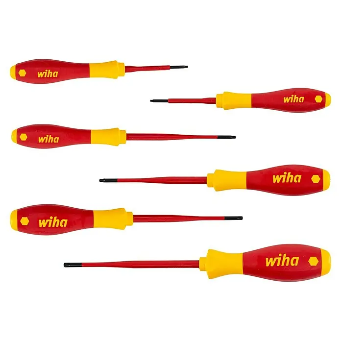 Wiha Schraubendreher-Set SoftFinish Electric slimFix VDE - 6 -tlg. - Sechs Wiha Schraubendreher mit rot-gelben Griffen und Torx-Profil, ideal für präzise Schraubarbeiten in verschiedenen Größen.