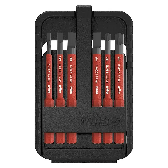 Wiha Bit-Set slimBit electric - 6 -tlg., SL & SL/PZ - Das Bild zeigt ein Wiha SlimLine Schraubendreher-Set in einer schwarzen Aufbewahrungsbox. Das Set besteht aus verschiedenen Schlitz- und Pozidriv-Schraubendrehern.
