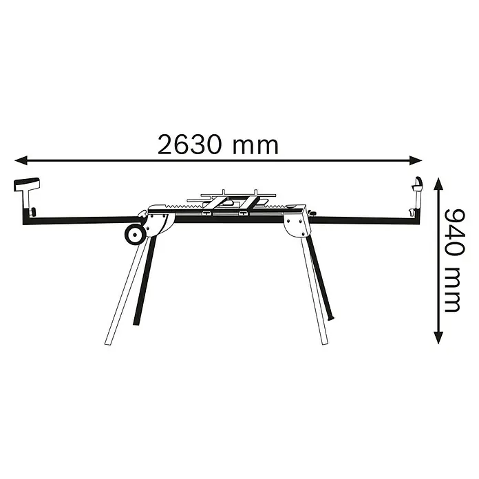 Bosch Professional Sägetisch GTA 2600 - Passend für: Stationärgeräte, Kappsägen, Paneelsägen, Belastbarkeit: 160 kg - Bild einer Kreissäge mit den Maßen 2630 mm Länge und 940 mm Höhe.