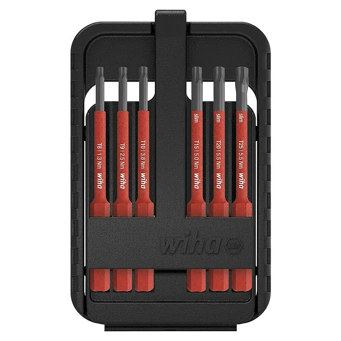 Wiha Bit-Set slimBit electric - 6 -tlg., Torx - Das Wiha Slim Torque Schraubendreher Set in einer schwarzen Aufbewahrungsbox, ideal für präzise Schraubarbeiten.