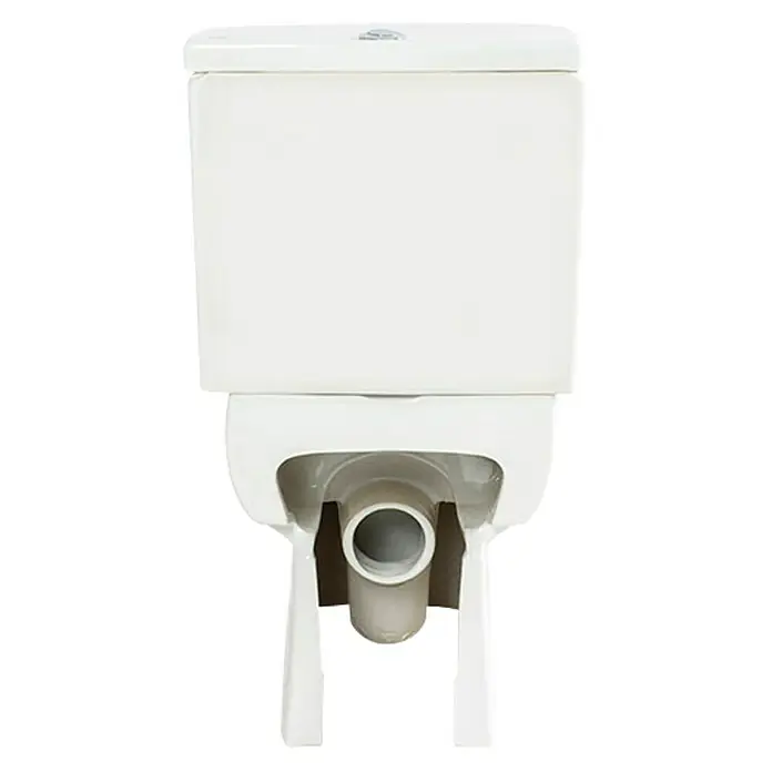 Roca Eos Pack de WC - Con borde de descarga, Salida dual, Blanco - Vista trasera de un inodoro blanco con tubería de desagüe visible, ideal para diseño de baños e instalaciones de fontanería.
