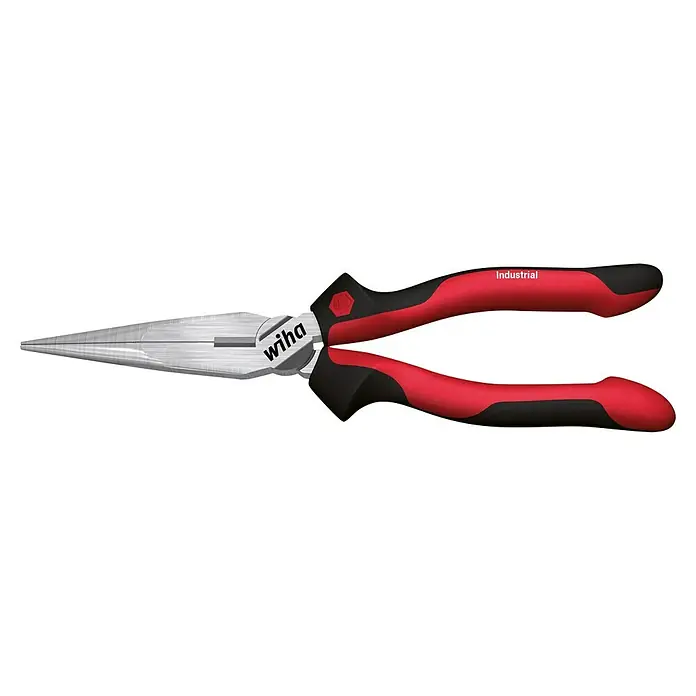 Wiha Flachrundzange Industrial - Länge: 20 cm, Gerade - Wiha Industrial Spitzzange mit rot-schwarzem Griff. Die Zange ist ein robustes Werkzeug für industrielle Anwendungen, ideal zum Greifen und Schneiden.