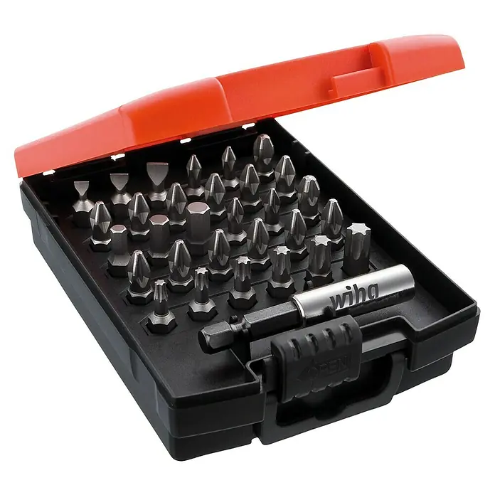 Wiha Bit-Set Standard 25 mm - 32 -tlg. - Wiha Bit-Set mit einer Vielzahl von Schrauberbits und Bithalter in einem schwarzen Koffer mit orangefarbenem Deckel.