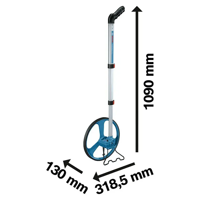 Bosch Professional Messrad GWM 32 - Messbereich: Max. 9999,99 m, Messgenauigkeit: 10 cm/100 m - Das Bild zeigt ein blaues Bosch Messrad mit ausziehbarem Griff und zugehörigen Messangaben.