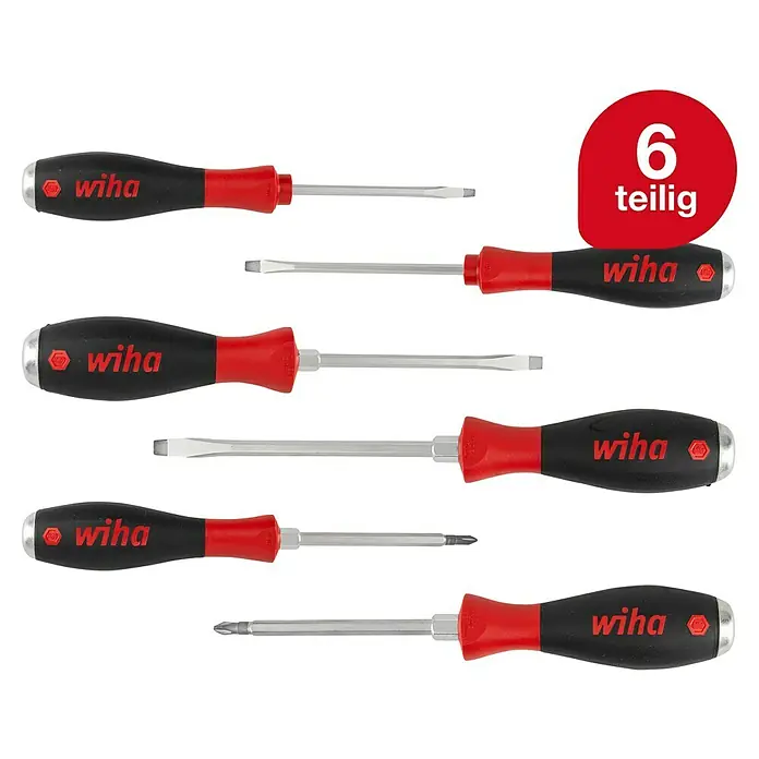 Wiha Schraubendreher-Set SoftFinish mit Stahlkappe - 6 -tlg., Stahl - Sechs Wiha Schraubendreher in verschiedenen Größen. Das Set enthält Schlitz- und Kreuzschlitzschraubendreher mit ergonomischem Griff für optimalen Halt.