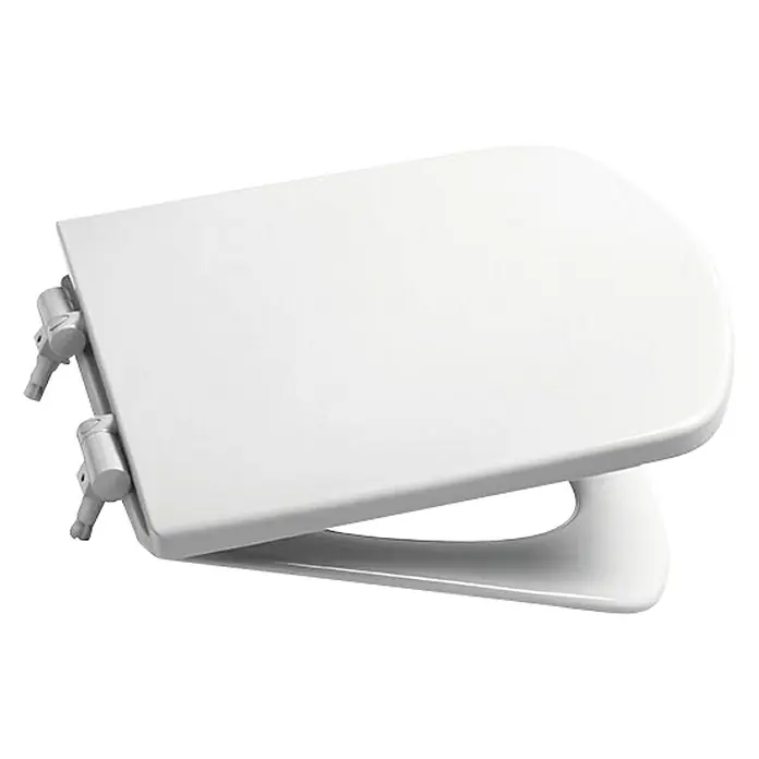 Roca Eos Tapa de WC - Termoplástico, Blanco, Con caída amortiguada - Un asiento de inodoro blanco con bisagras cromadas, mostrado ligeramente abierto. Promete confort e higiene para cualquier baño.