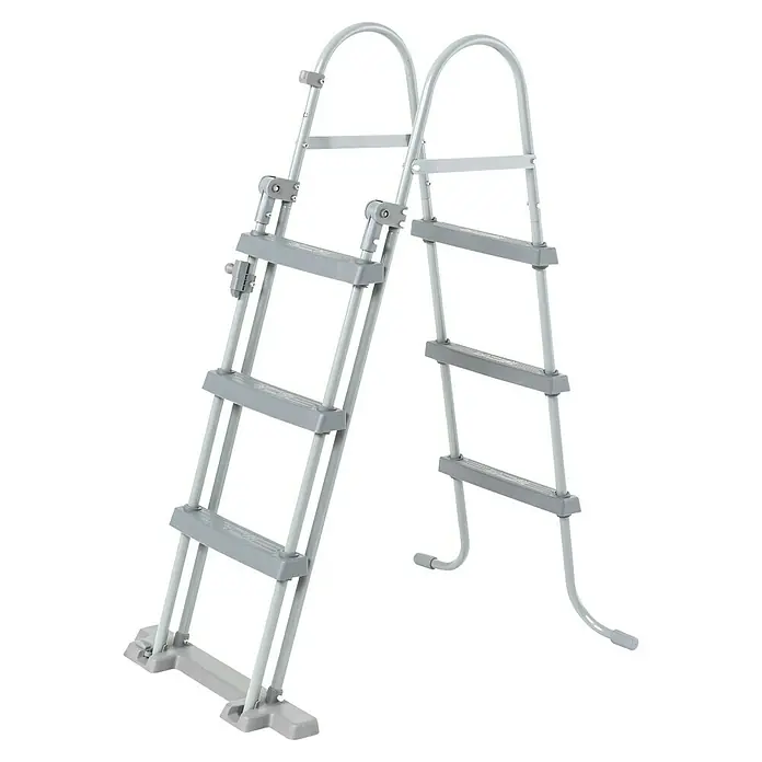 Bestway Frame-Pool Steel Pro Max - Ø x H: 366 x 100 cm, Lichtgrau, 9.150 l - Eine graue Poolleiter mit vier Stufen. Die Leiter hat ein abnehmbares Außenteil.