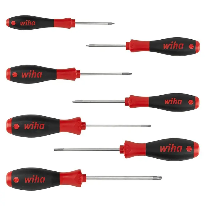 Wiha Schraubendreher-Set SoftFinish® - 7 -tlg., Geeignet für: TORX®-Schrauben - Satz von Wiha Torx Schraubendrehern mit rot-schwarzen Griffen auf schwarzem Hintergrund.