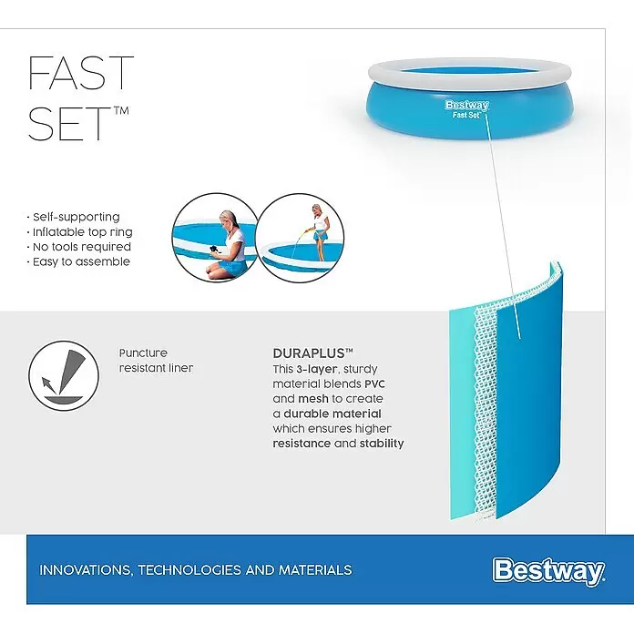 Bestway Quick-Up-Pool Fast Set - Ø x H: 366 x 76 cm, Blau - Blauer Bestway Fast Set Aufstellpool mit aufblasbarem Oberring und langlebigem, pannensicherem 3-Schicht DURAPLUS™ Material.