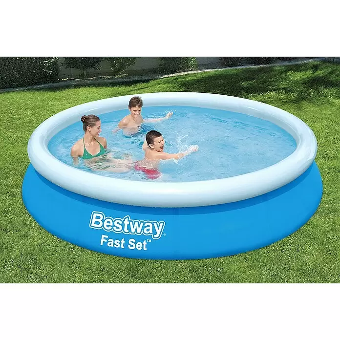 Bestway Quick-Up-Pool Fast Set - Ø x H: 366 x 76 cm, Blau - Blau-weißes Bestway Fast Set Planschbecken mit schwimmenden Menschen.