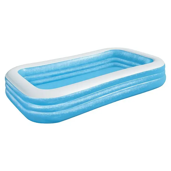 Family Pool - 305 x 183 x 56 cm, Fassungsvermögen: 1.161 l, Blau/Weiß - Das Bild zeigt einen rechteckigen, aufblasbaren Pool mit blauem Becken und weißen Rändern, ideal für den Sommer.