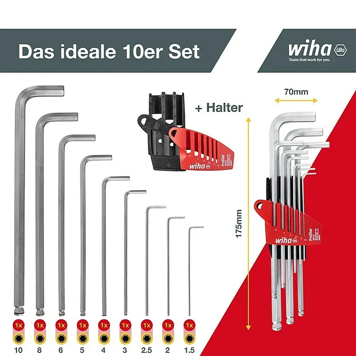 Wiha Stiftschlüsselsatz ProStar - 10 -tlg. - Bild eines Wiha 10er-Sets von Innensechskantschlüsseln, die nach Größe geordnet sind, mit Halterung und Größenangaben.