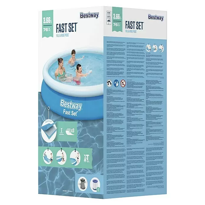Bestway Quick-Up-Pool Fast Set - Ø x H: 366 x 76 cm, Blau - Bestway Fast Set 3,66m x 76cm aufblasbarer blauer Pool, genutzt von Erwachsenen und Kindern. Einfache Aufbauanleitung.