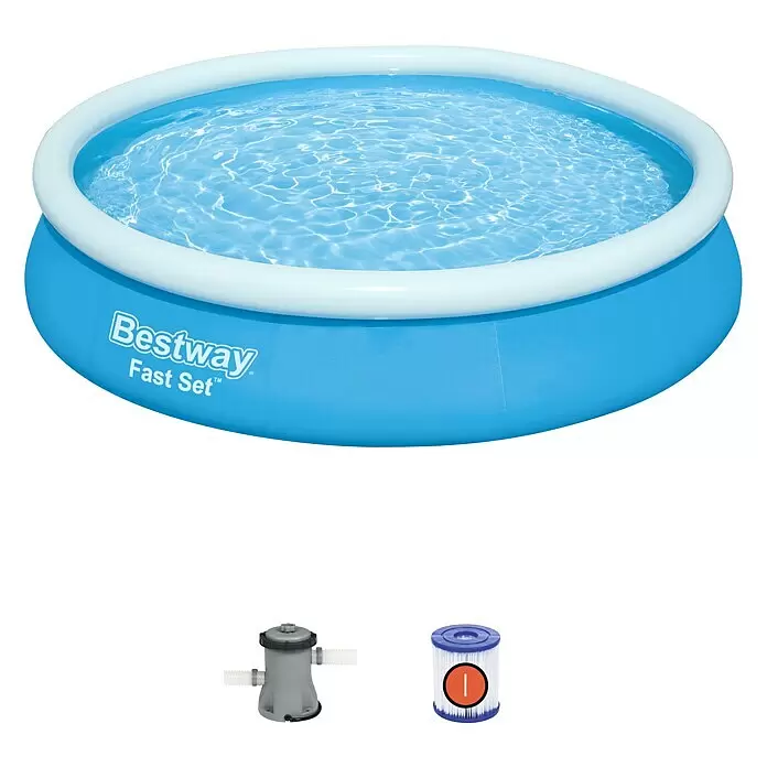 Bestway Quick-Up-Pool Fast Set - Ø x H: 366 x 76 cm, Blau - Bestway Fast Set aufblasbarer blau-weißer Pool mit Wasser, einer grauen Filterpumpe und einer Filterkartusche.