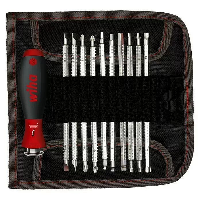 Wiha Set de destornilladores System 6 - 11 pzs., Acero - Juego de destornilladores Wiha con mango negro y rojo, puntas intercambiables (planas, Phillips, Pozidriv, hexagonales, Torx) en estuche enrollable negro.