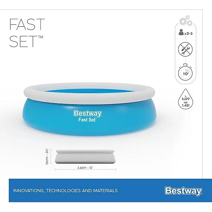 Bestway Quick-Up-Pool Fast Set - Ø x H: 366 x 76 cm, Blau - Bestway Fast Set aufblasbarer Pool, blau mit weißem Ring. Misst 3,66 m Durchmesser und 76 cm Höhe, ideal für schnellen Aufbau.