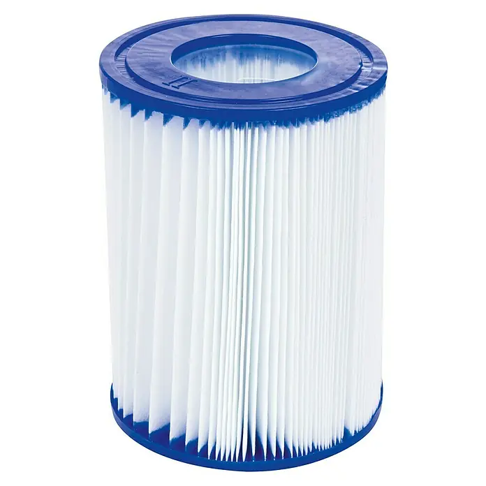 Bestway Frame-Pool Steel Pro Max - Ø x H: 366 x 100 cm, Lichtgrau, 9.150 l - Nahaufnahme eines Patronenfilters für Schwimmbecken oder Whirlpools mit blauen Endkappen und weißen Falten.