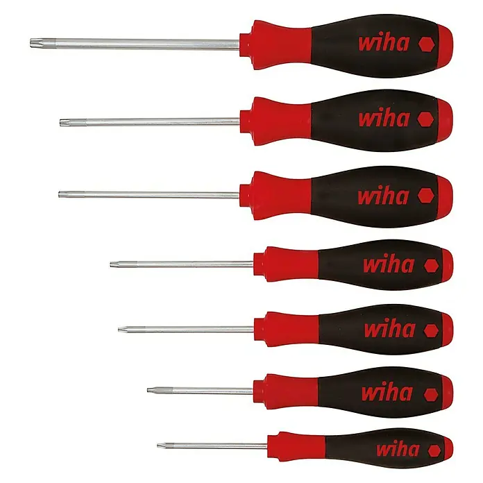 Wiha Schraubendreher-Set SoftFinish® - 7 -tlg., Geeignet für: TORX®-Schrauben - Sieben Wiha Schraubendreher mit Torx-Klingen und ergonomischen Griffen in Schwarz und Rot. Werkzeuge für präzises Schrauben.