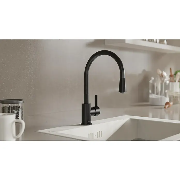 Camargue Spültischarmatur Flexo - Schwarz, Matt - Nahaufnahme eines schwarzen Carron Phoenix-Wasserhahns an einem Waschbecken mit Küchenutensilien im Hintergrund.