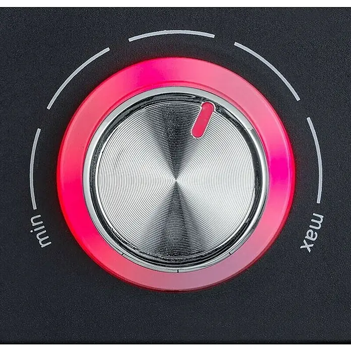Severin Elektrogrill PG 8565 - Grillfläche (B x T): 44,5 x 26 cm, 2,2 kW - Nahaufnahme eines runden, rot umrandeten Drehknopfes mit "min" und "max" Beschriftung auf einem Gerät.
