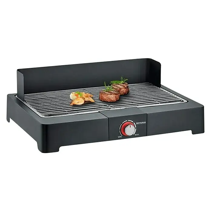 Severin Elektrogrill PG 8565 - Grillfläche (B x T): 44,5 x 26 cm, 2,2 kW - Ein elektrischer Tischgrill von Severin mit Steaks und Garnelen auf dem Grillrost. Ideal für gemütliche Grillabende.