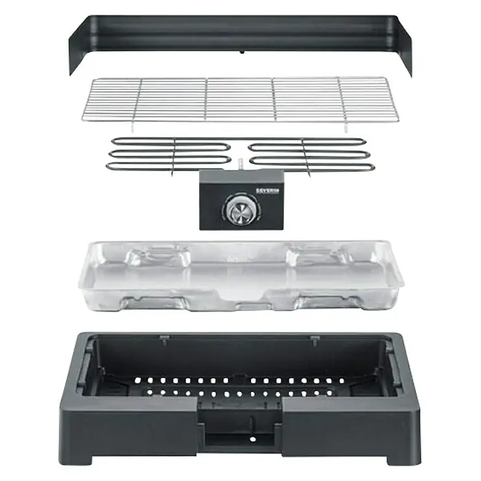 Severin Elektrogrill PG 8565 - Grillfläche (B x T): 44,5 x 26 cm, 2,2 kW - Explosionsansicht eines Severin Elektrogrills, der seine einzelnen Komponenten zeigt, einschließlich Grillrost und Heizelement.