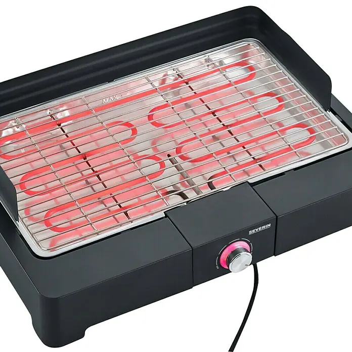 Severin Elektrogrill PG 8565 - Grillfläche (B x T): 44,5 x 26 cm, 2,2 kW - Aufnahme eines elektrischen Tischgrills von Severin mit roter Heizspirale und Temperaturregler.