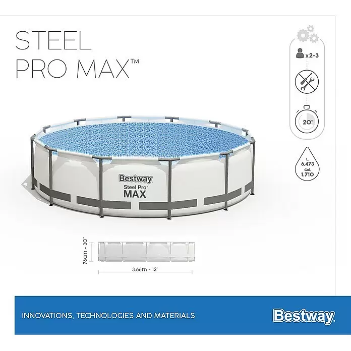 Bestway Frame-Pool Steel Pro Max - Ø x H: 366 x 76 cm, Lichtgrau, 6.473 l - Informationsansicht