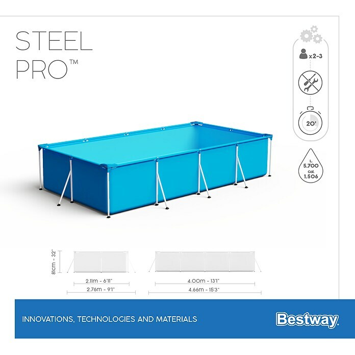 Bestway Opzetzwembad Steel Pro Set 400 (l x b x h: 400 x 211 x 81 cm, Blauw, 5.700 l) | BAUHAUS