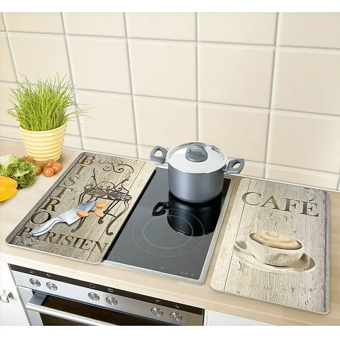 Wenko Placa de protección de vidrio Bistro - L x An: 30 x 52 cm, Café Bistro, Panel de vidrio de seguridad - Juego de placas de cubierta para cocina con motivos de bistró y café, como utensilios de cocina elegantes y protectores contra salpicaduras.