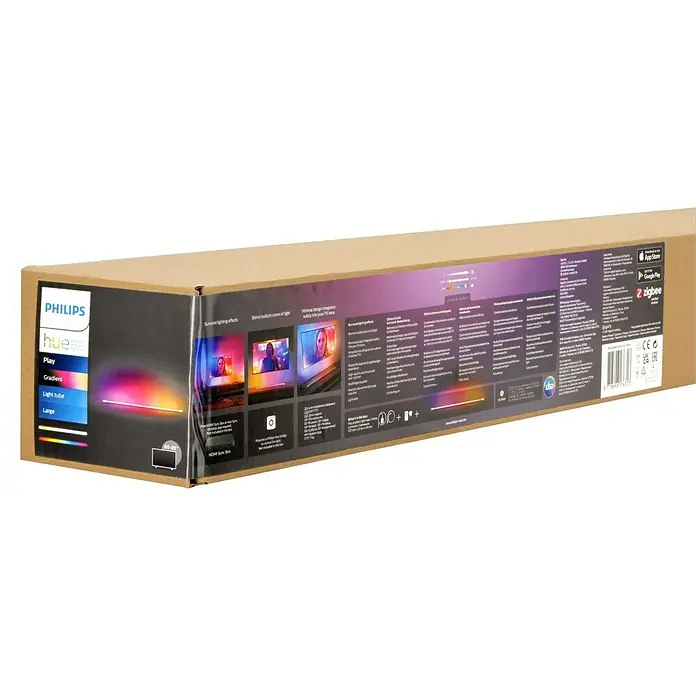 Philips Hue LED-Lichtleiste Gradient Light Tube - Weiß, Länge: 137,7 cm - Eine Verpackung der Philips Hue Play Gradient Light Tube in der Größe Large, die ein farbiges Lichtspiel zeigt.