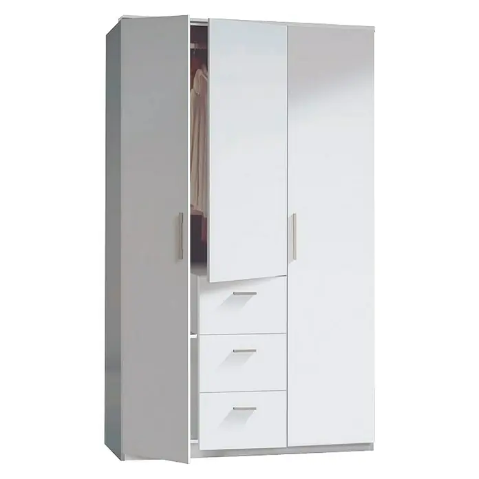 Armario para ropa Ward - L x An x Al: 52 x 117 x 203 cm, Blanco - Armario de tres puertas en blanco y gris con cajones y puertas parcialmente abiertas, que combina almacenamiento y diseño moderno.