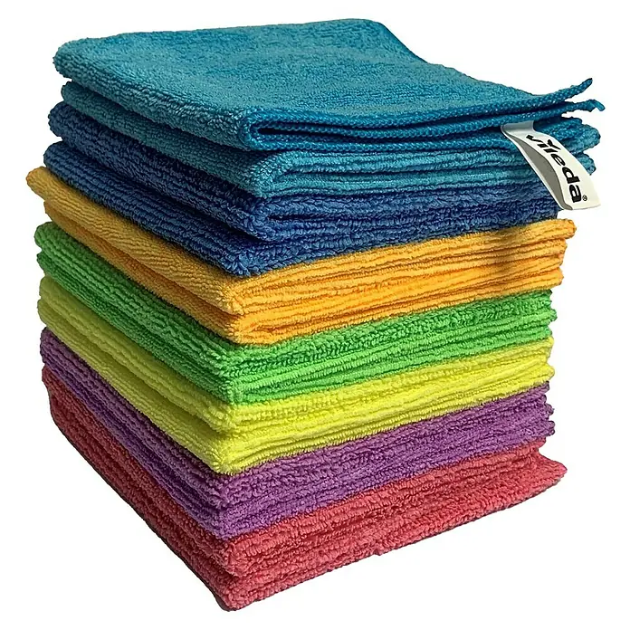 Vileda Microfibre Mikrofasertücher Colors Maxi Pack - 14 Stk., Mikrofaser - Stapel farbenfroher Vileda-Mikrofasertücher, die sich ideal für die Reinigung eignen. Perfekt für Hausarbeiten und Autopflege.